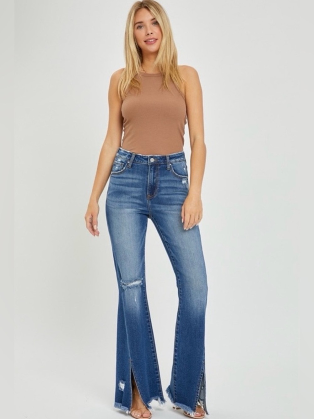 Risen NWT 25 High-Rise Split-Hem Distressed Flare stretch denim blue Jeans